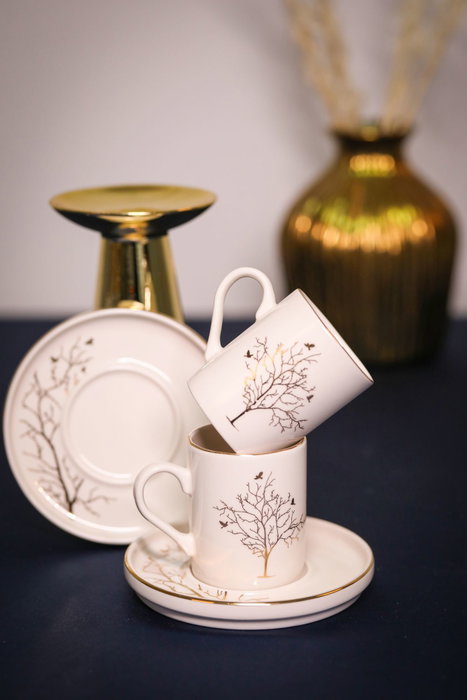 Hermia Hayat Ağacı Juego de tazas de café Blanco y dorado Hermia Hayat Ağacı Juego de tazas de café Blanco y dorado